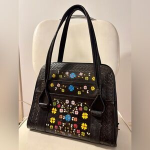 1960s Tooled Leather and Floral Painted Black Handbag